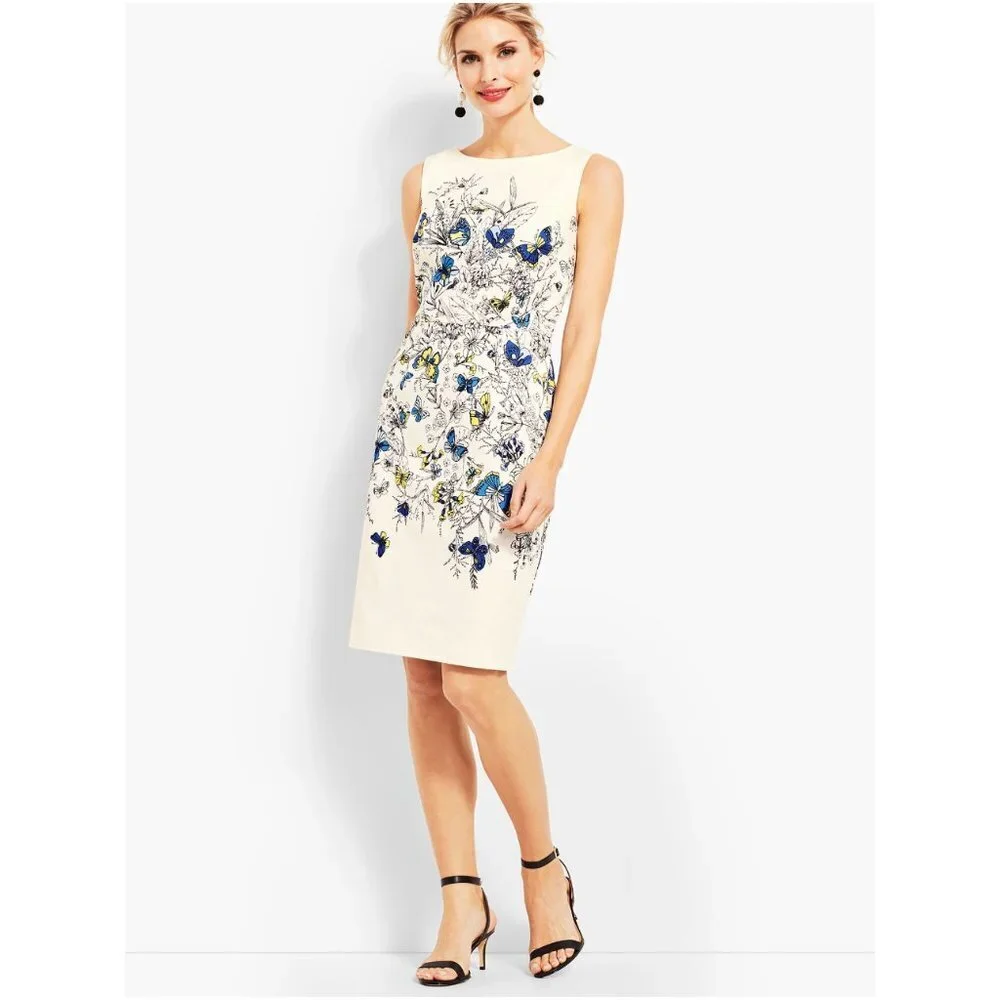 NWT Talbots Butterfly Spring Sateen Sheath Dress Cerulean Yellow White Size 4 P - Picture 2 of 9